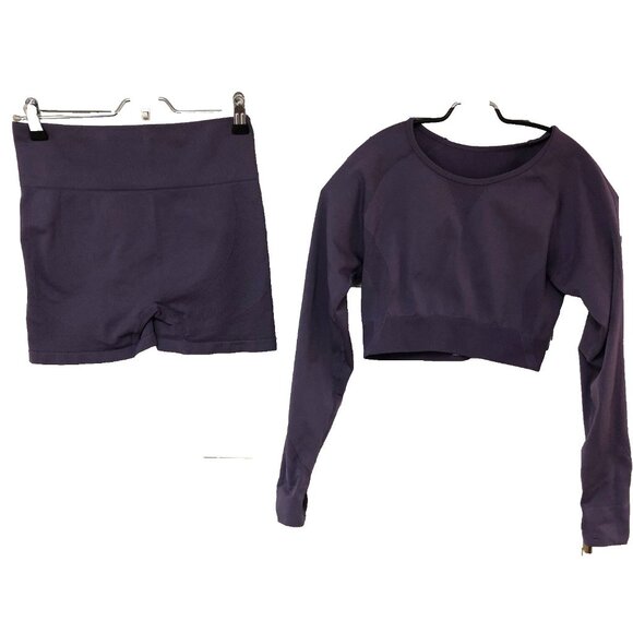 Unbranded Pants - Yoga Workout Dance Crop Top Shorts Set Women‎ M Purple Knit Long Sleeves Keyhole